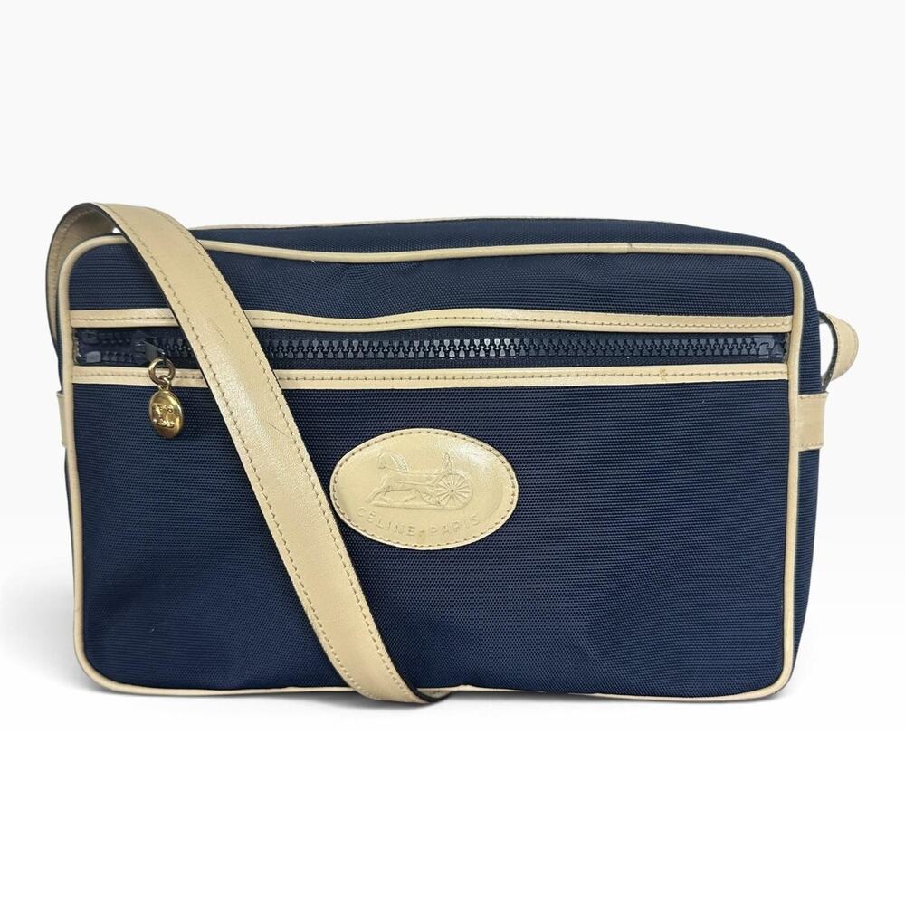 Celine Vintage Crossbody Bag Medium Navy Blue Canvas Leather Italy Classic